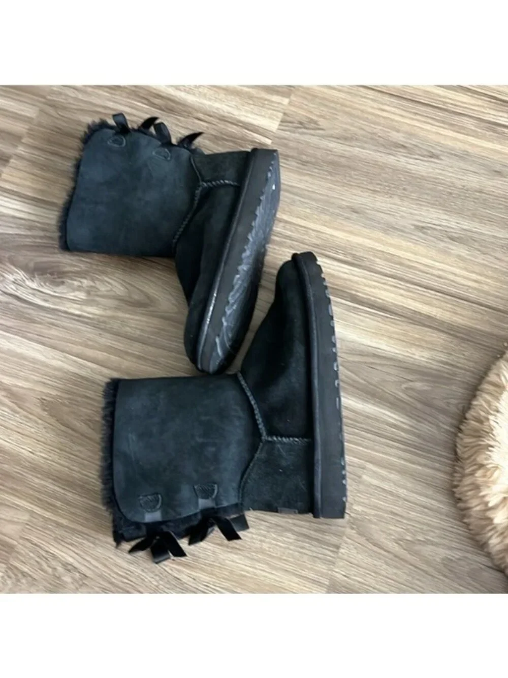 UGG Women's Bailey Bow II Black Suede Lace Up Back Midi Sherpa Lined Pull On Boo